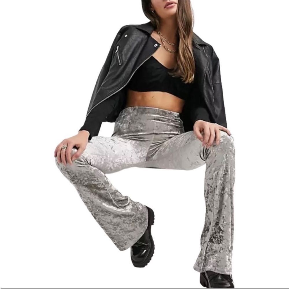 TOPSHOP Silver Gray Crushed Velvet Flared Pants Trousers
